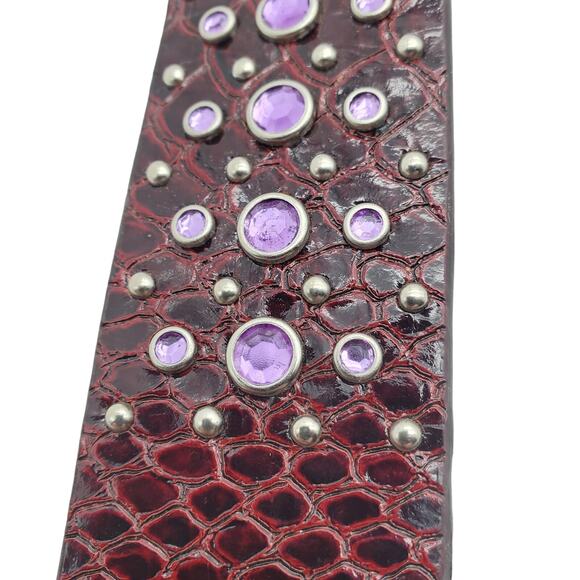 Ariat Burgundy Leather Bling Belt 32 Crystal Reptile Print Tooled Buckle Western - Picture 4 of 11